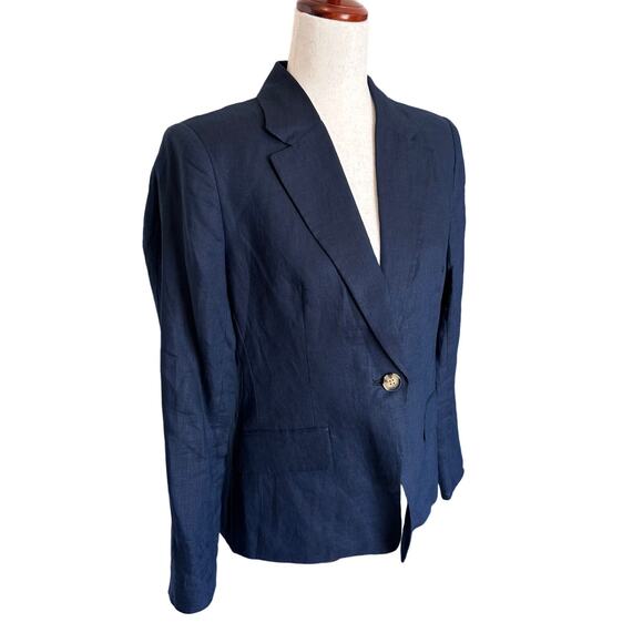 Quince Linen Blazer Womens Small Navy Blue 100% European Linen Structured - Picture 3 of 11